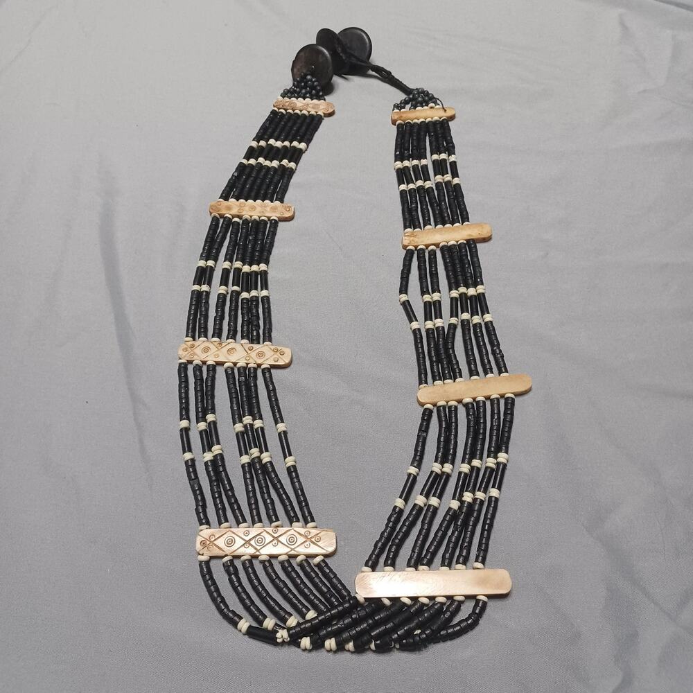 Vintage Tribal Hand Carved Beaded Multi-Stranded Necklace